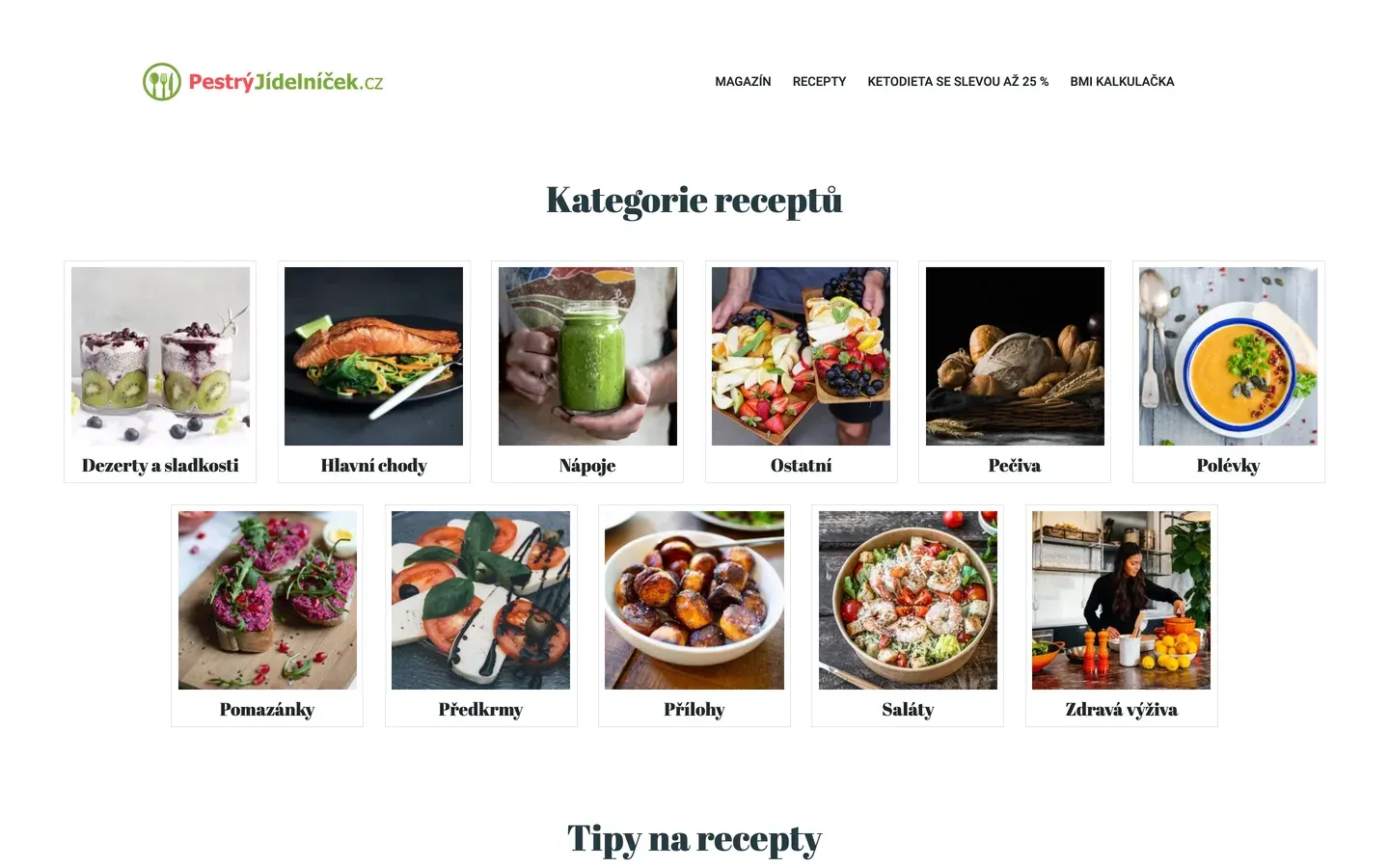 Úvodní stránka PestrýJídelníček.cz s kategoriemi receptů